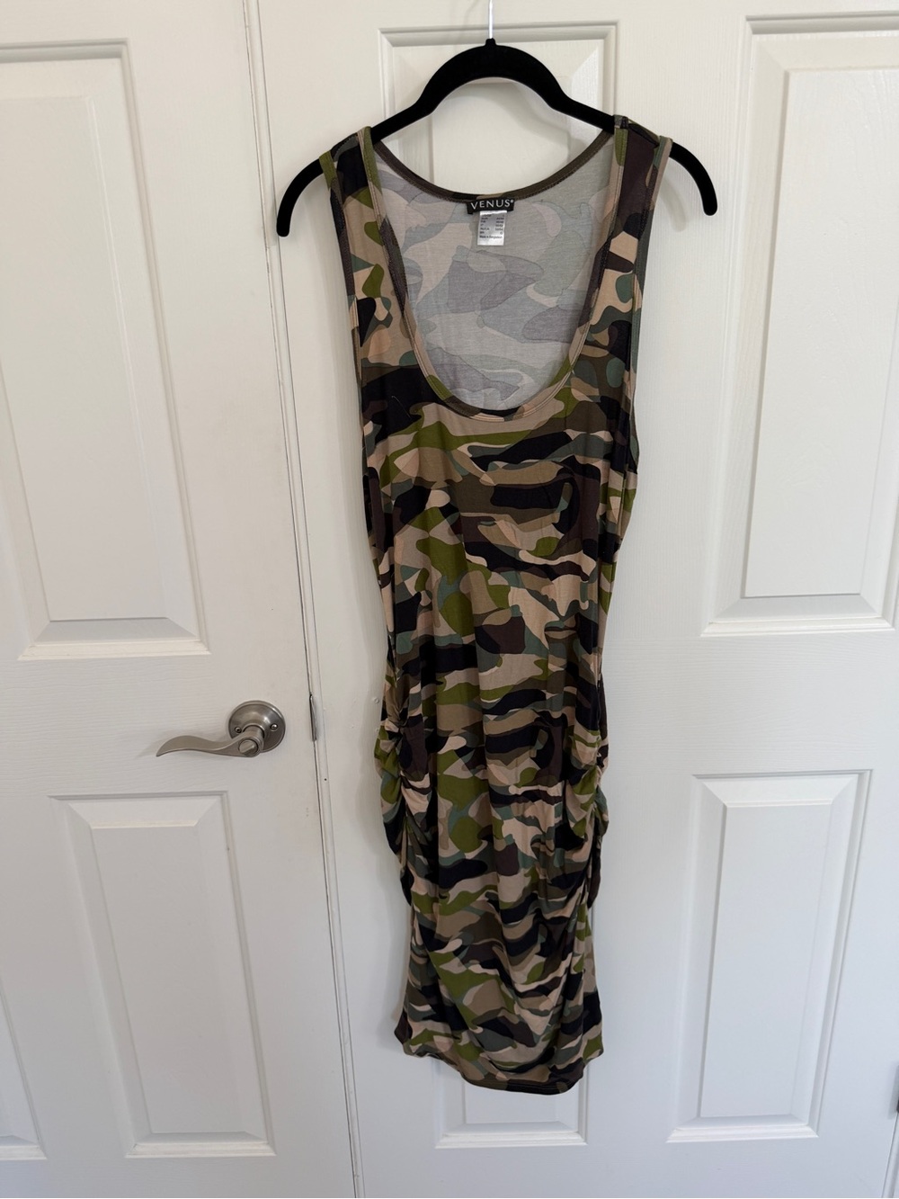 VENUS L Camo Ruched Side Maxi Dress Sleeveless Draped Camouflage Y2K